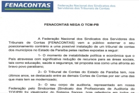 FENACONTAS é contra a criação do TCM-PB